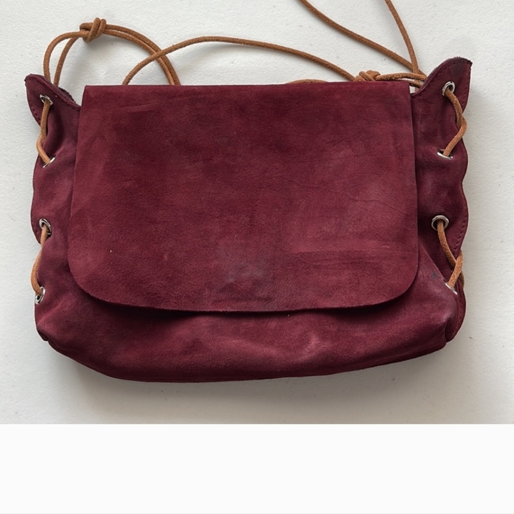 Zimmermann, Maroon Burgundy Suede Leather Purse With Tan Suede Shoulder Strap - Picture 2 of 7
